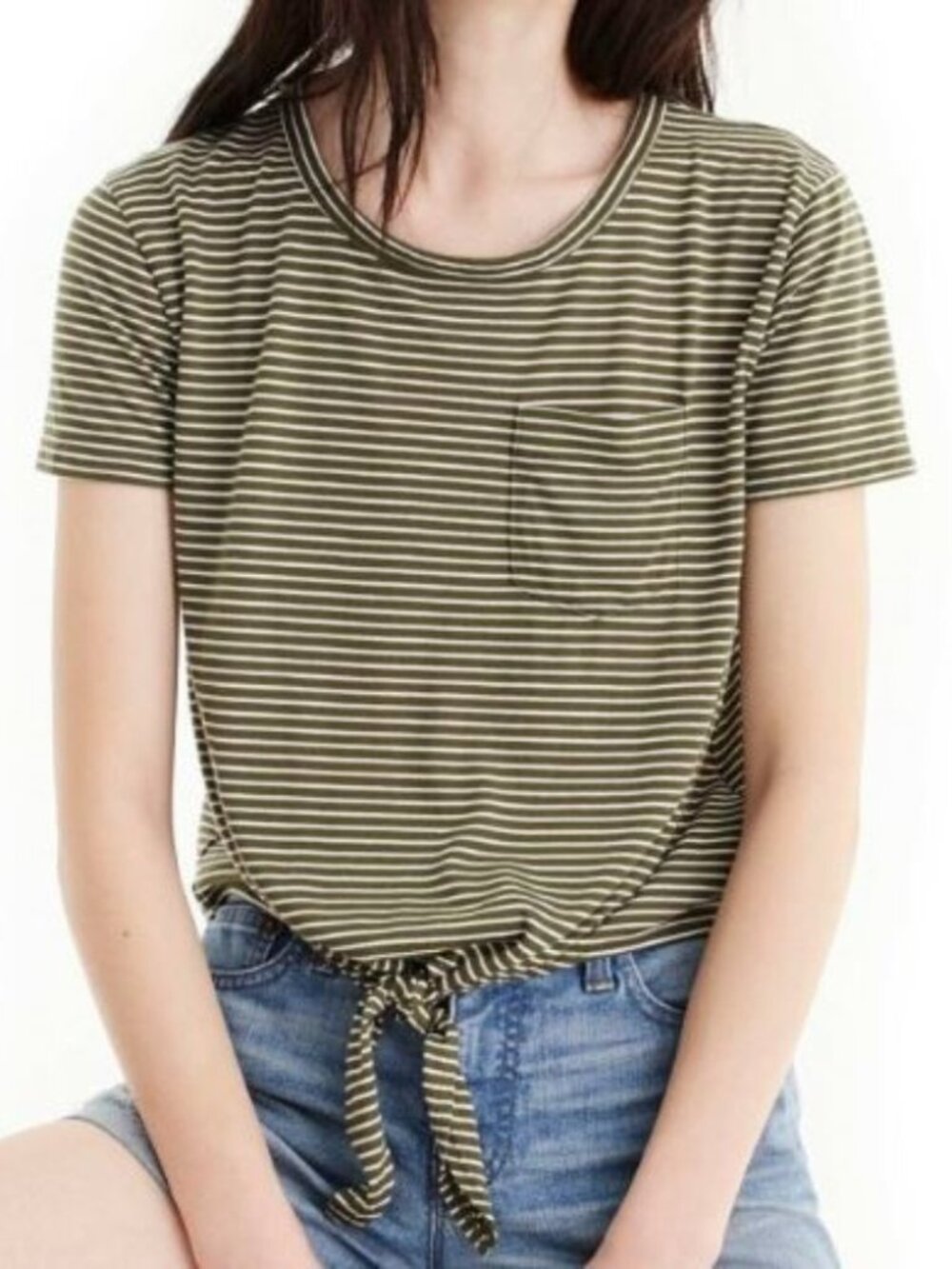 J. Crew - Knotted Pocket T-Shirt J1895 | Striped Olive Green & White | Small